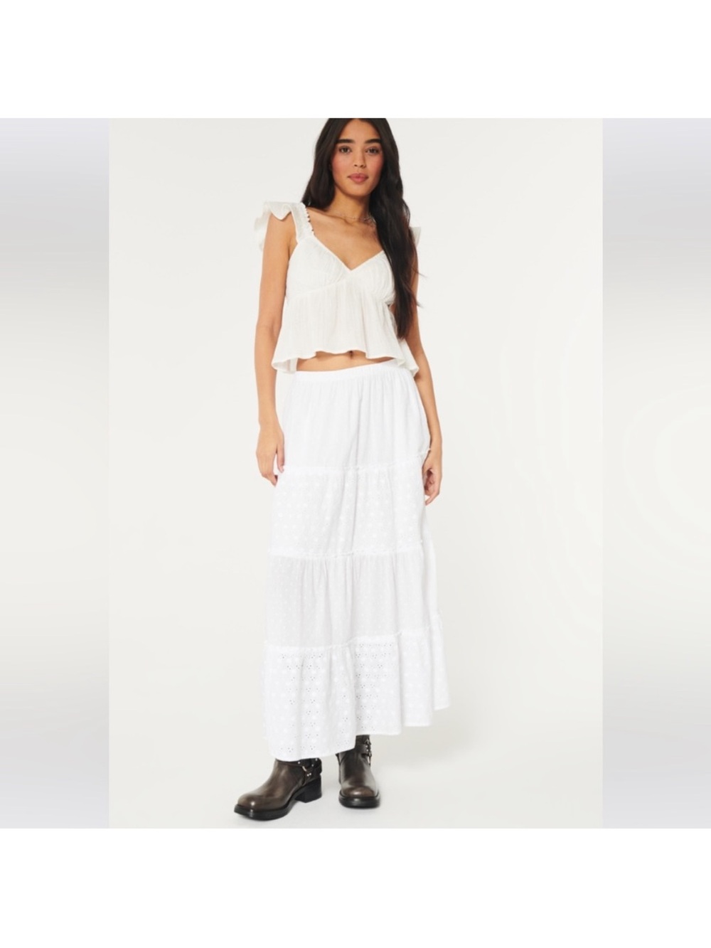 Hollister White Tiered Eyelet Maxi Skirt